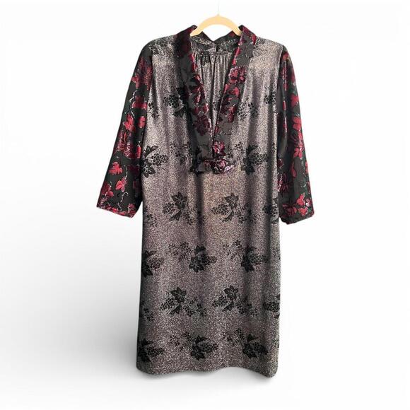 Dresses & Skirts - Vintage Sheer Burnout Velvet Floral Print Collar Midi Dress